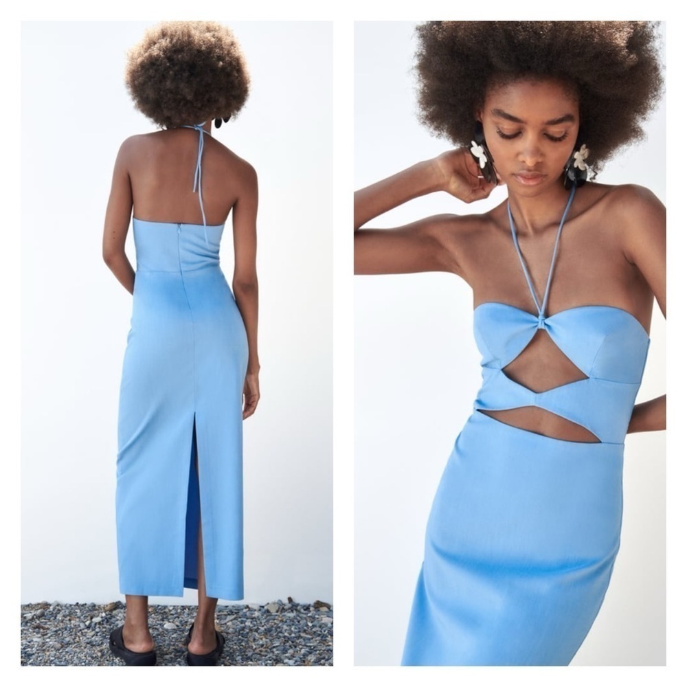 ZARA Blue Cutout Halter Sleeveless Bodycon Midi Cocktail Dress Size XL NWT - Picture 4 of 15